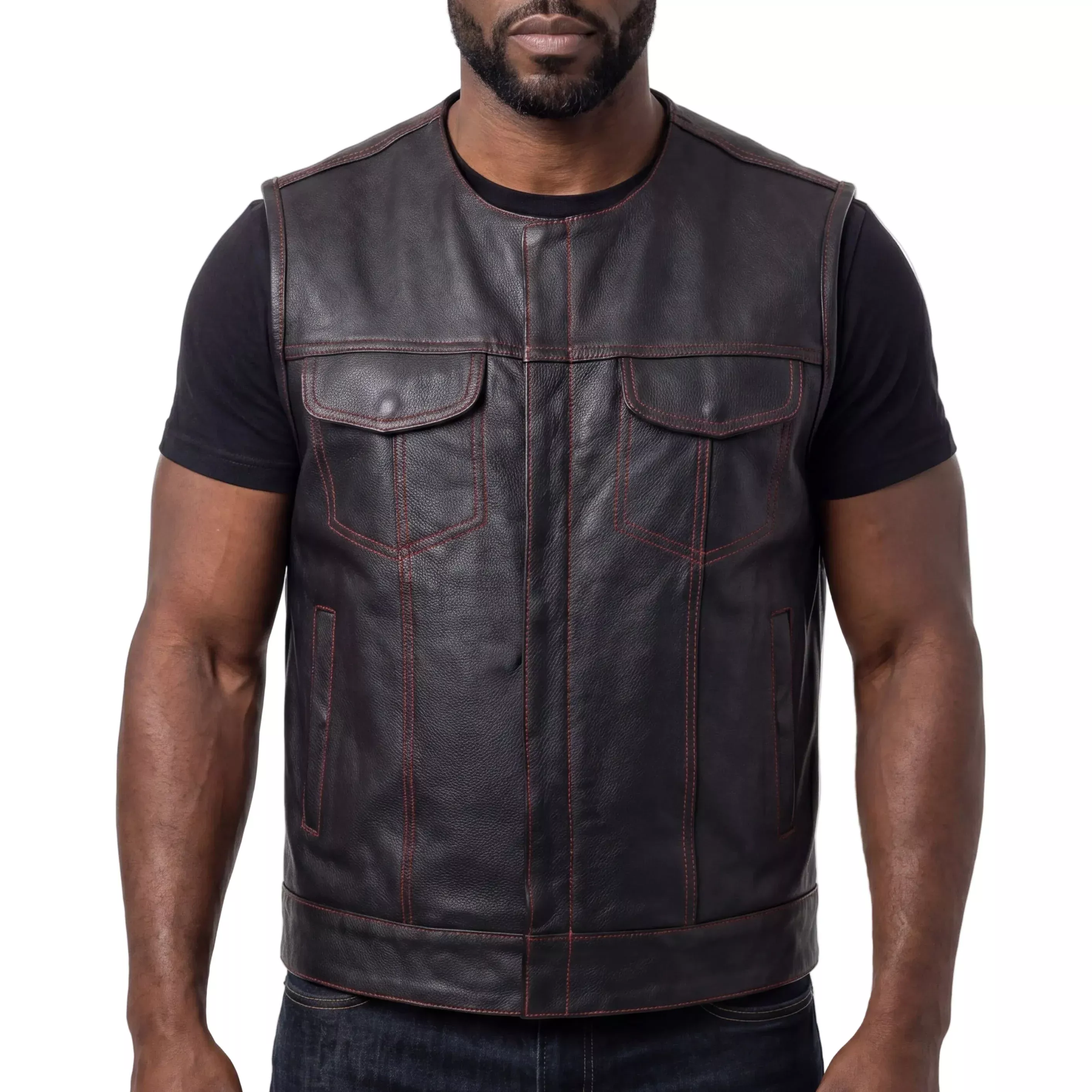High Mileage Men's Black Premium Cowhide Leather SOA Style Club Vest With Quick Access CCW Pocket