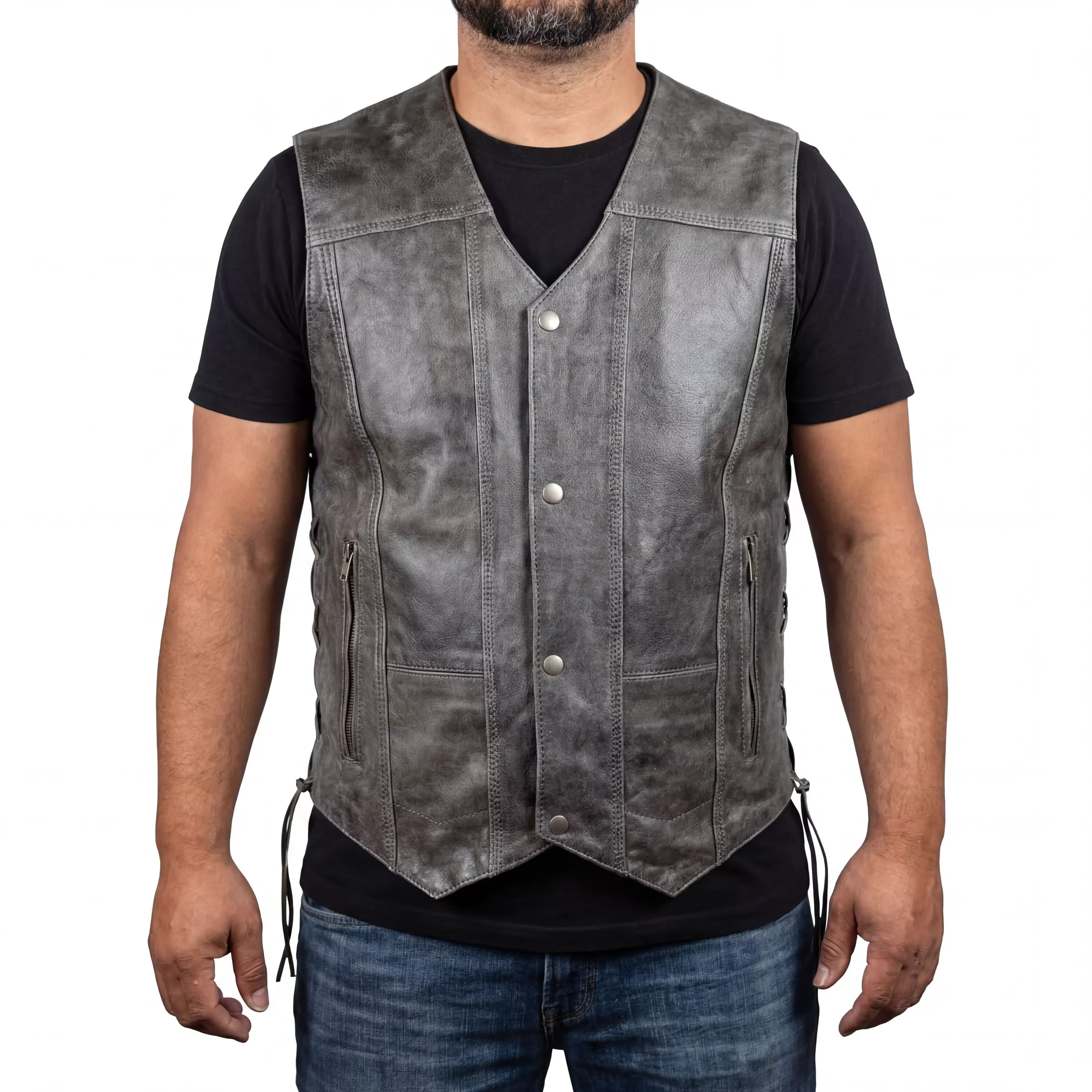 High Mileage Men's Distressed Gray Premium Cowhide Ten Pocket Leather Motorcycle Vest
