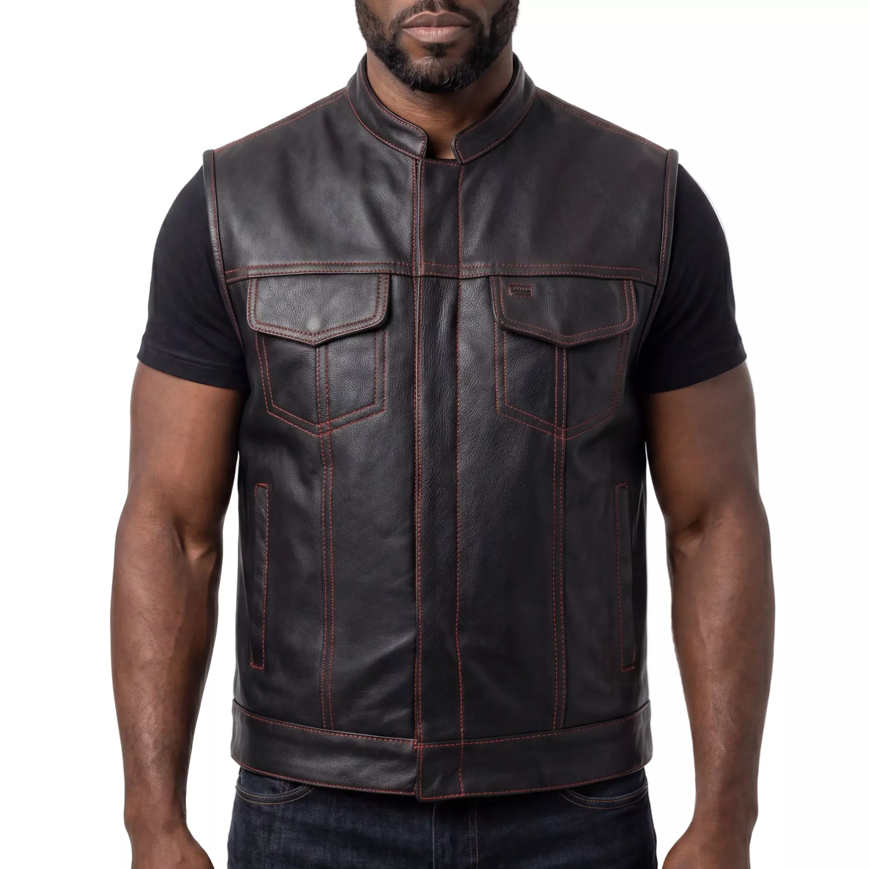 High Mileage Men's Zipper and Snap Closure Leather Club Vest with American Flag Liner and Red Stitching