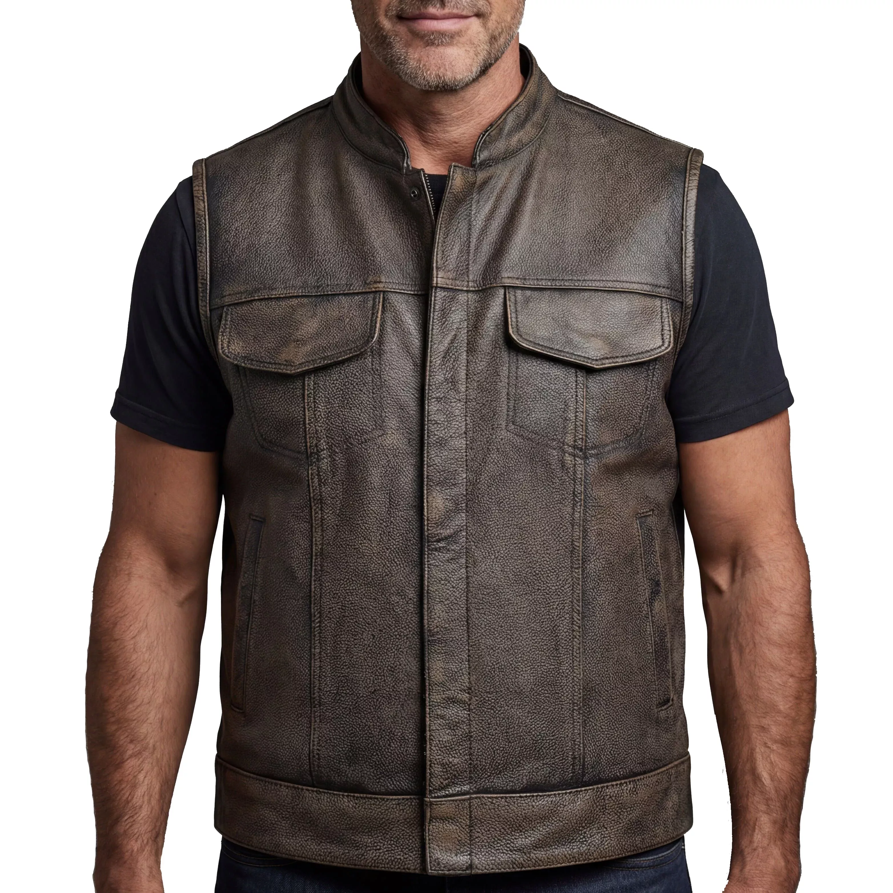 High Mileage Mens Premium Cowhide Distressed Brown SOA Style Biker Club Leather Motorcycle Vest