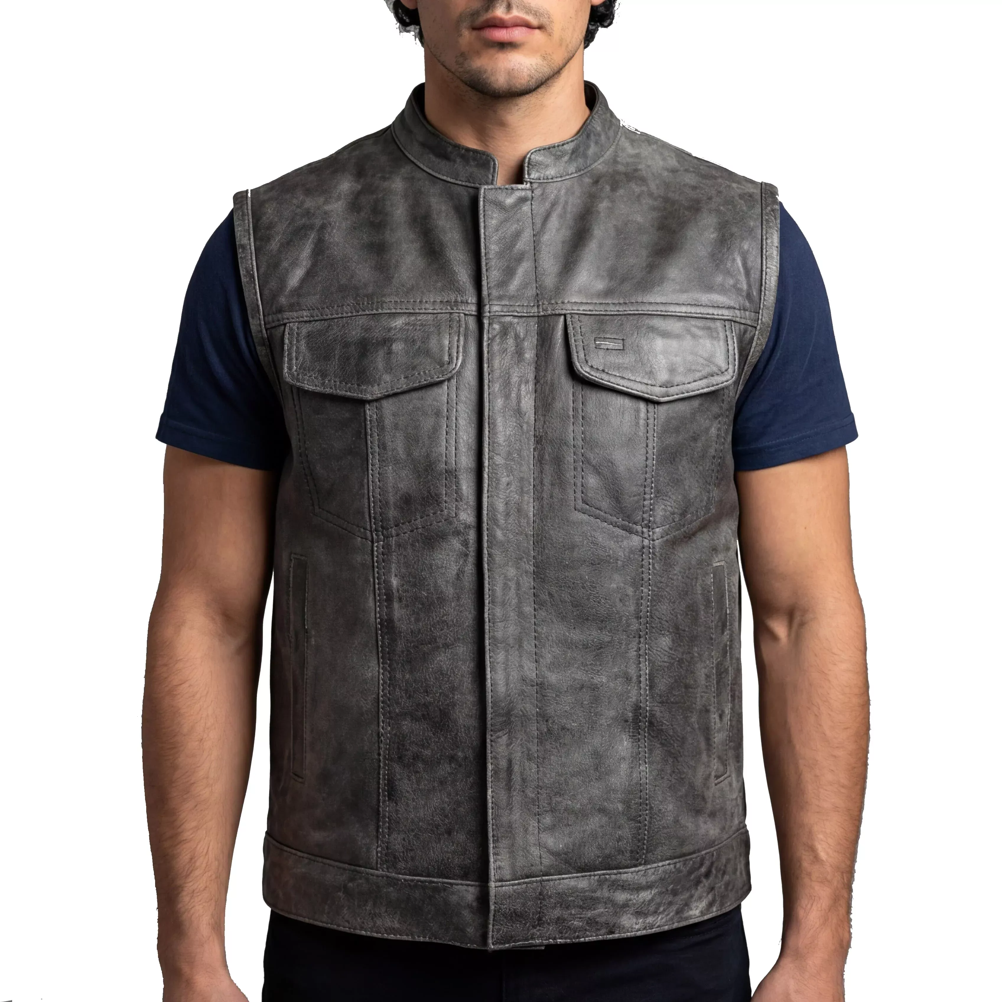 High Mileage Mens Premium Cowhide Distressed Gray SOA Style Biker Club Leather Motorcycle Vest