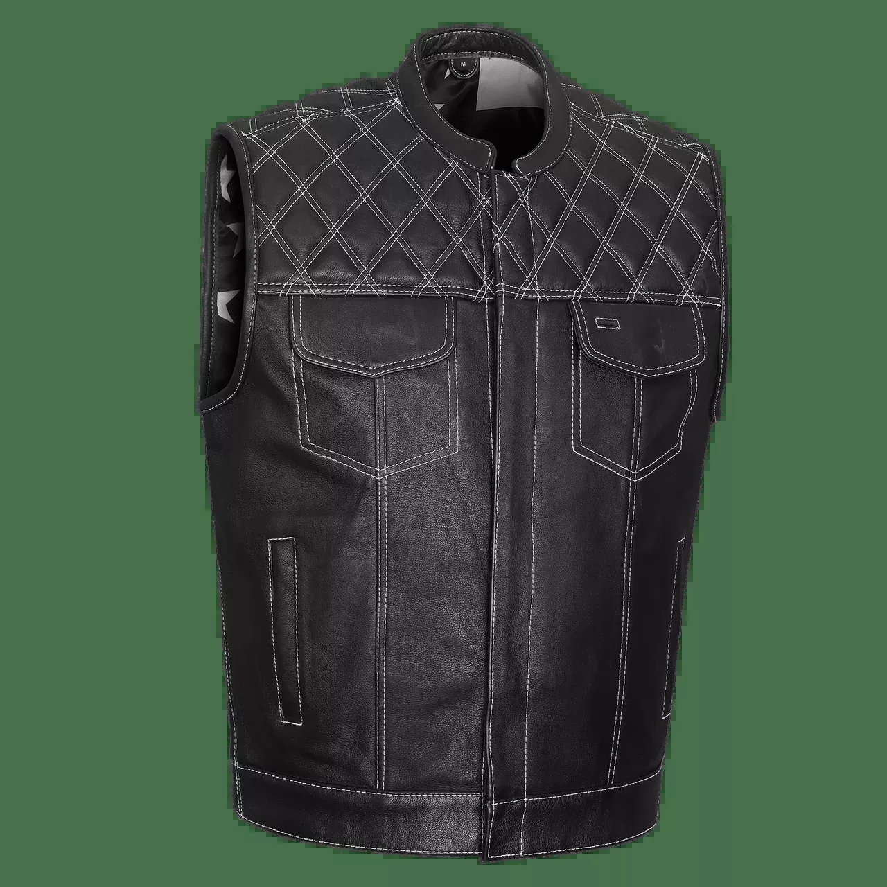 High Mileage Mens Zipper and Snap Closure Leather Club Vest with American Flag Liner White Stitching