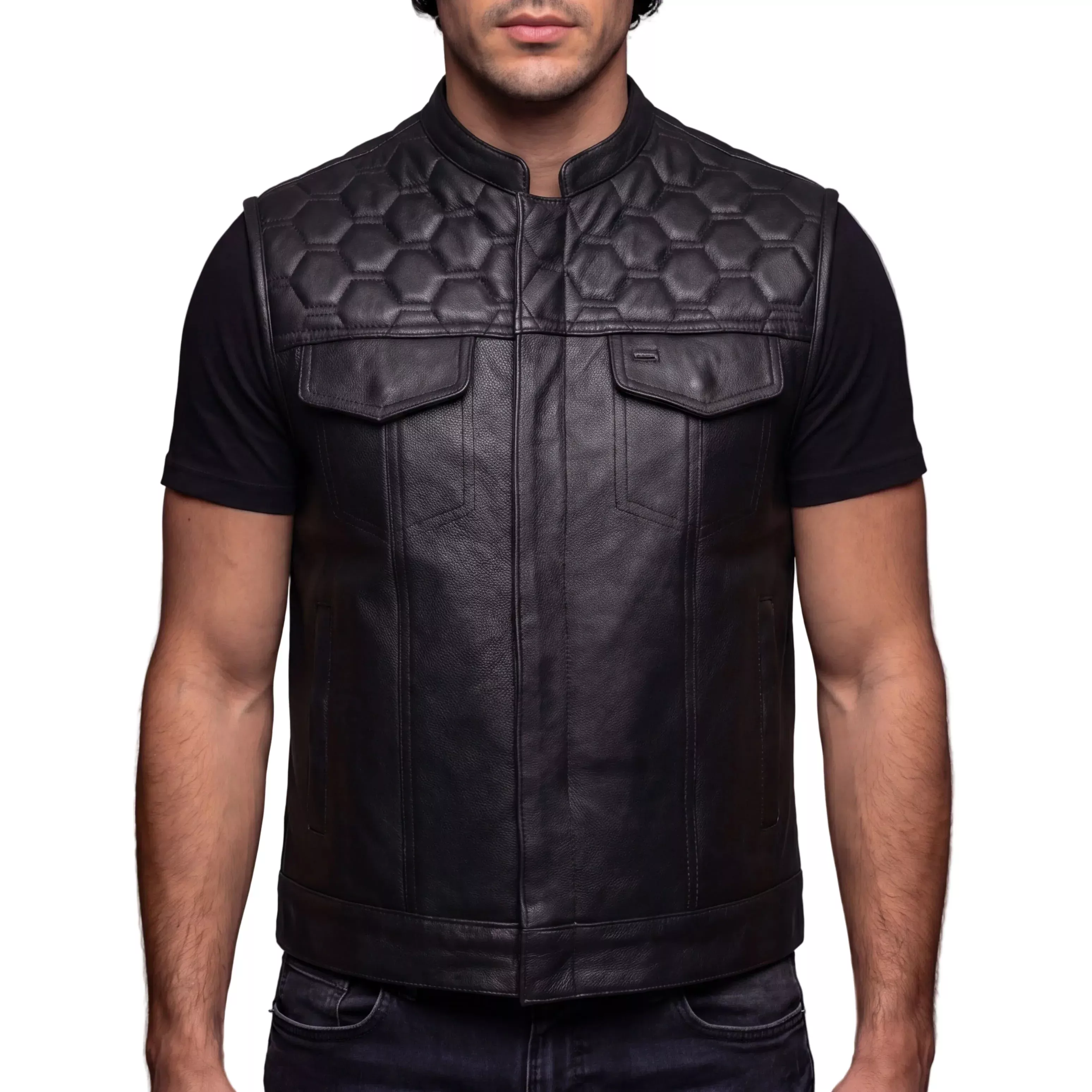 High Mileage Mens Zipper and Snap Closure Leather Club Vest with Quick Access & American Flag Liner