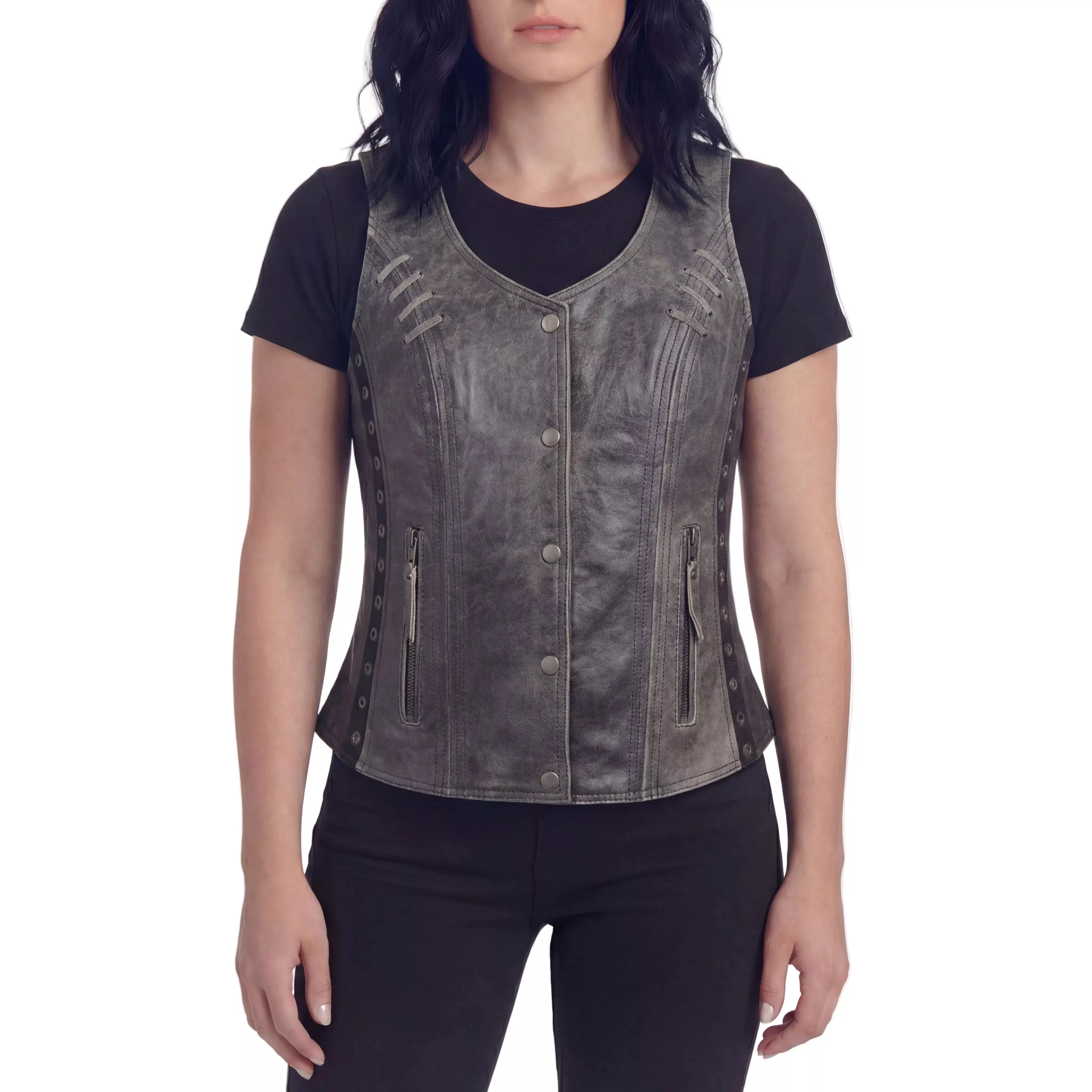 High Mileage Women's Distressed Gray Premium Soft Goatskin Leather Vest With Twill Lace and Grommet Highlights