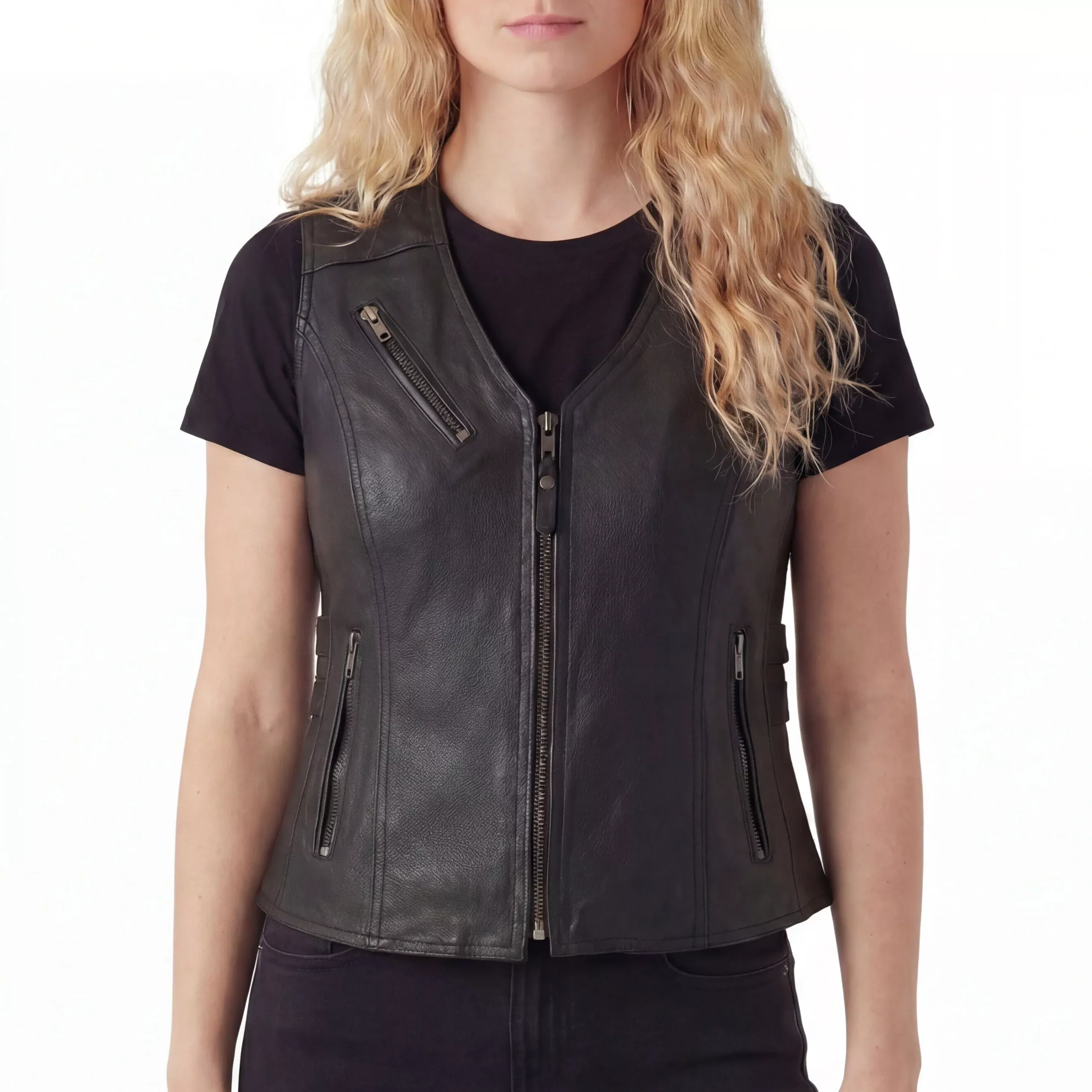 High Mileage Womens Black Premium Cowhide Biker Motorcycle Leather Vest With Buckles