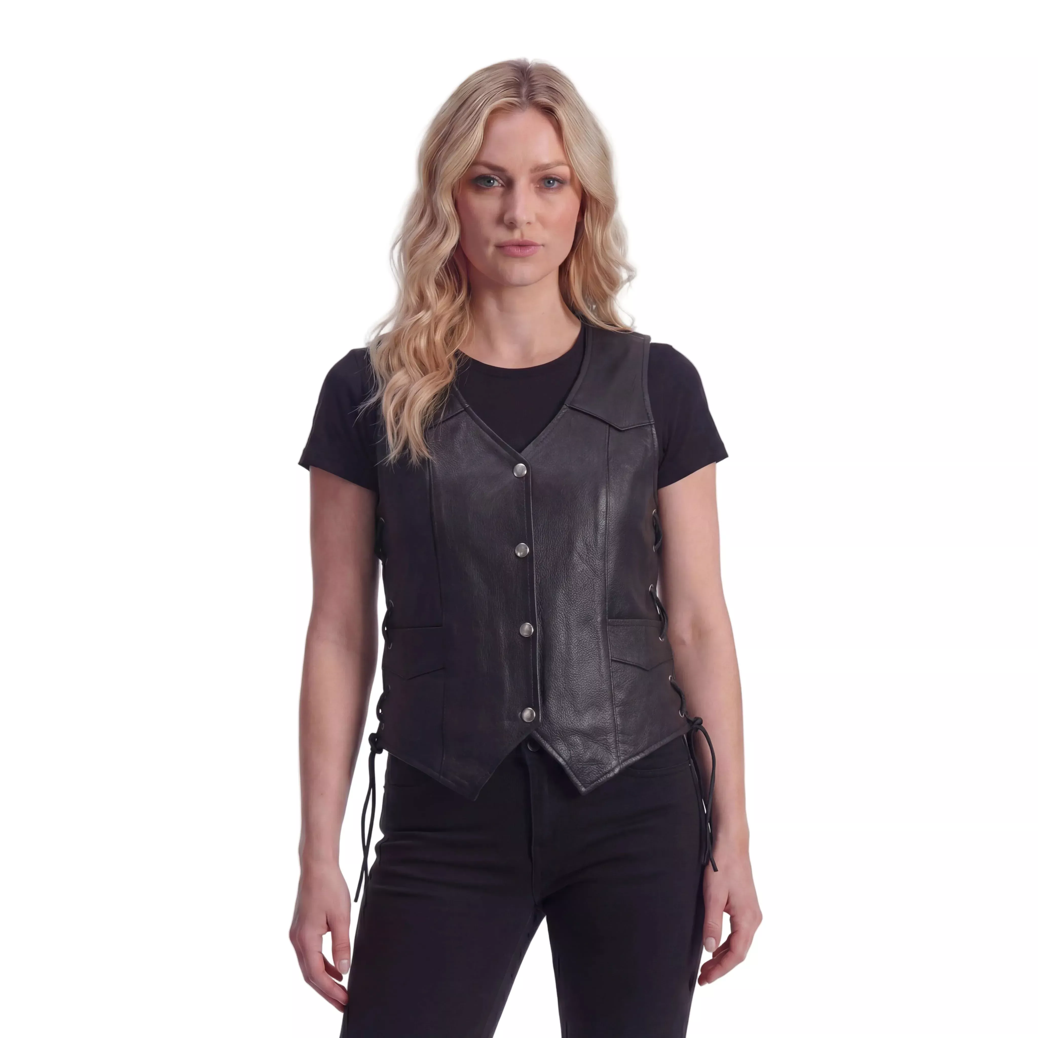 High Mileage Womens Black Premium Cowhide Lace Side Biker Leather Vest