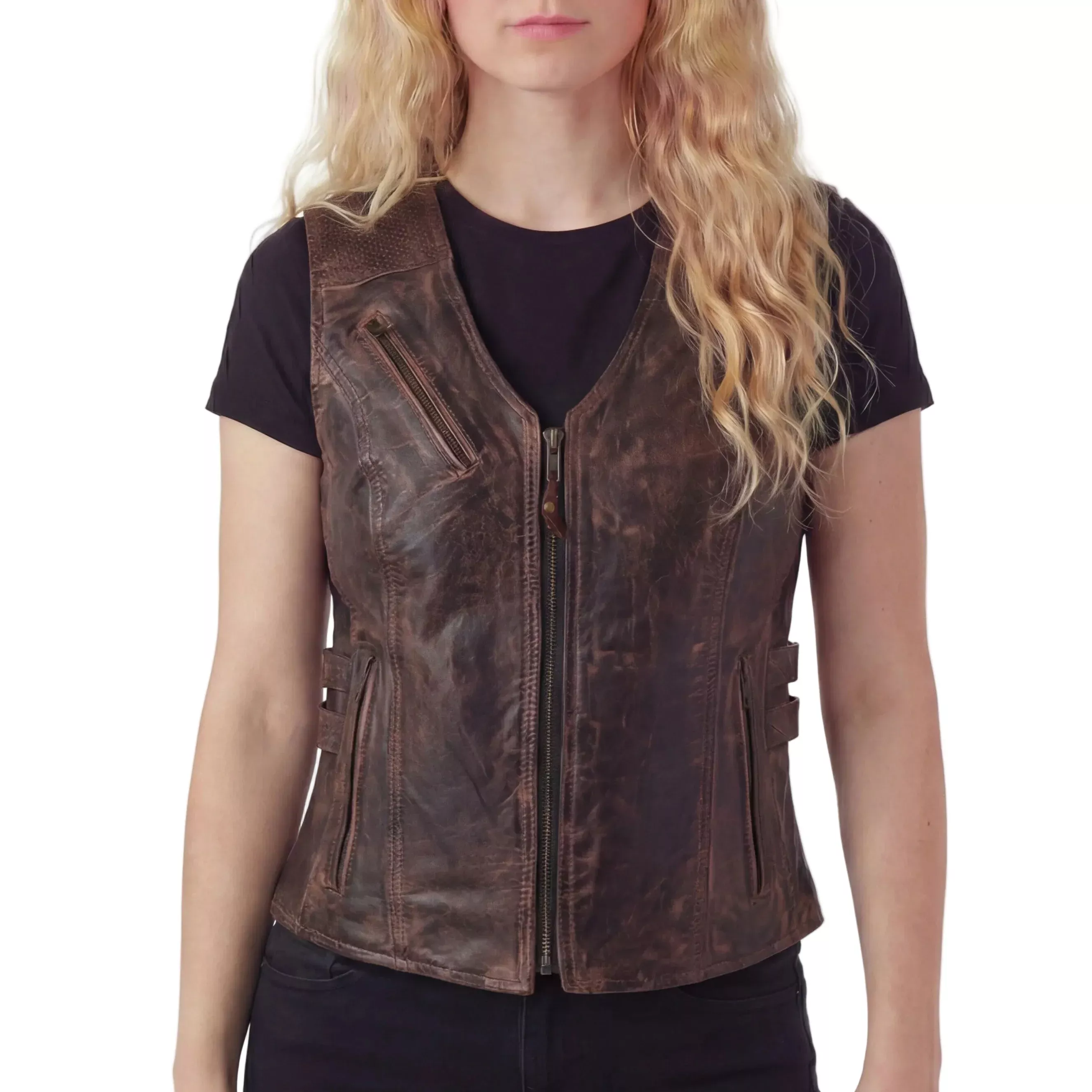 High Mileage Womens Vintage Brown Premium Cowhide Biker Motorcycle Leather Vest With Buckles