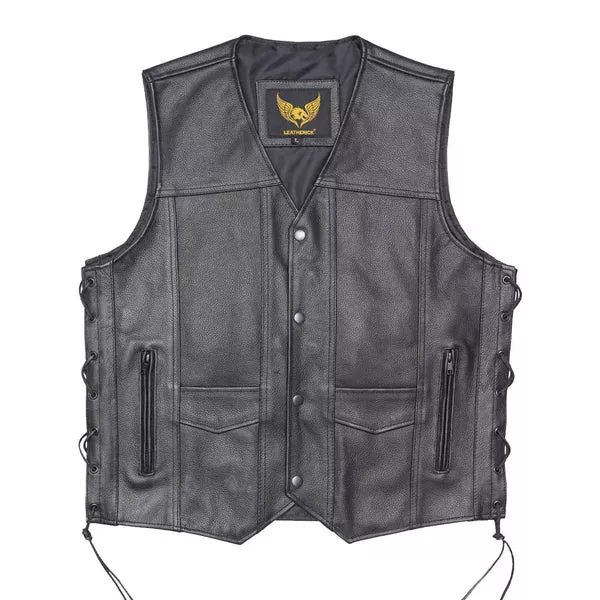 Leather Side Laces Black Motorcycle Vest