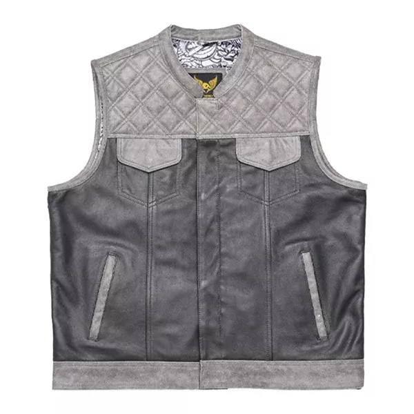 Leatherick Black and Gray Diamond Stitch Biker Vest