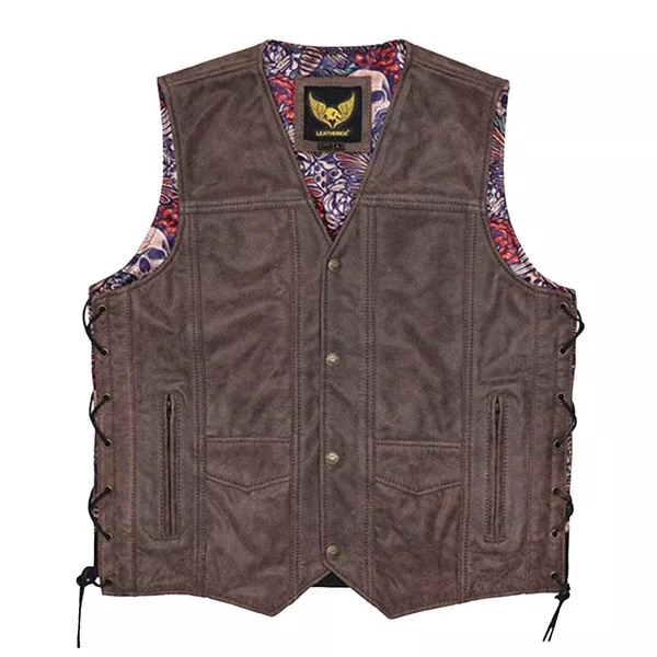 Leatherick Classic Brown Leather Vest With Side Laces