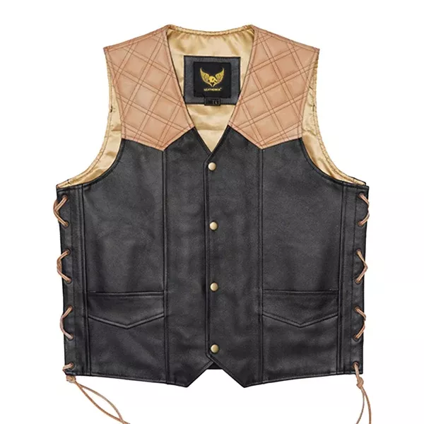 Leatherick Classic Diamond Stitch Biker Vest with Side Laces