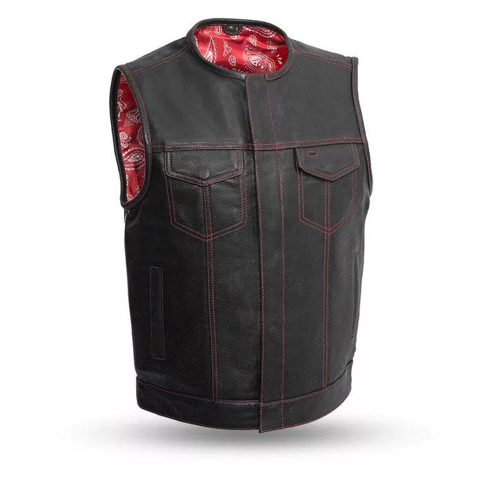 Men’s Black Leather Biker Vest with Red Stitching & Paisley Lining – Club Style