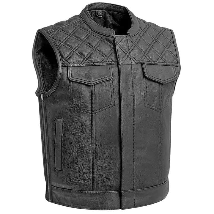 Men’s Black Quilted Shoulder Leather Biker Vest – Club Style