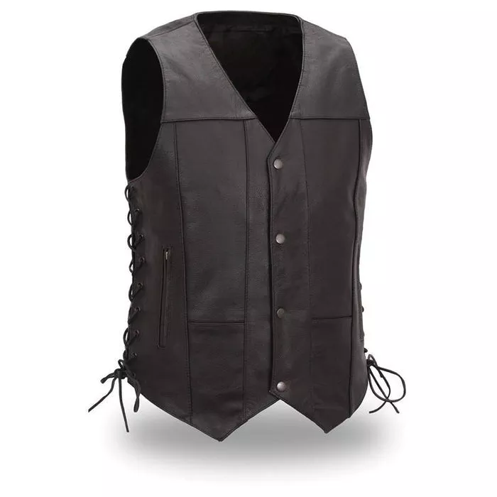 Men’s Classic Black Leather Side Lace Vest – Western Biker Style