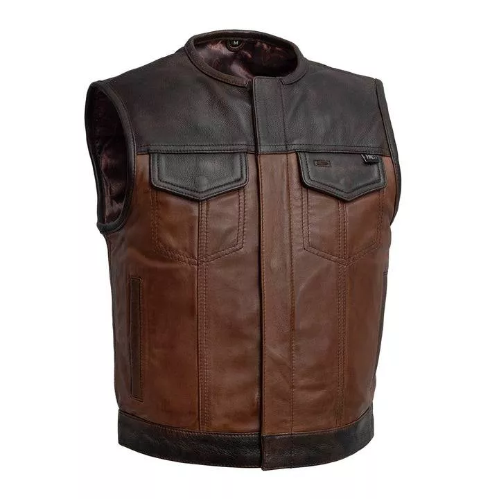 Men’s Two-Tone Brown & Black Leather Biker Vest – Club Style