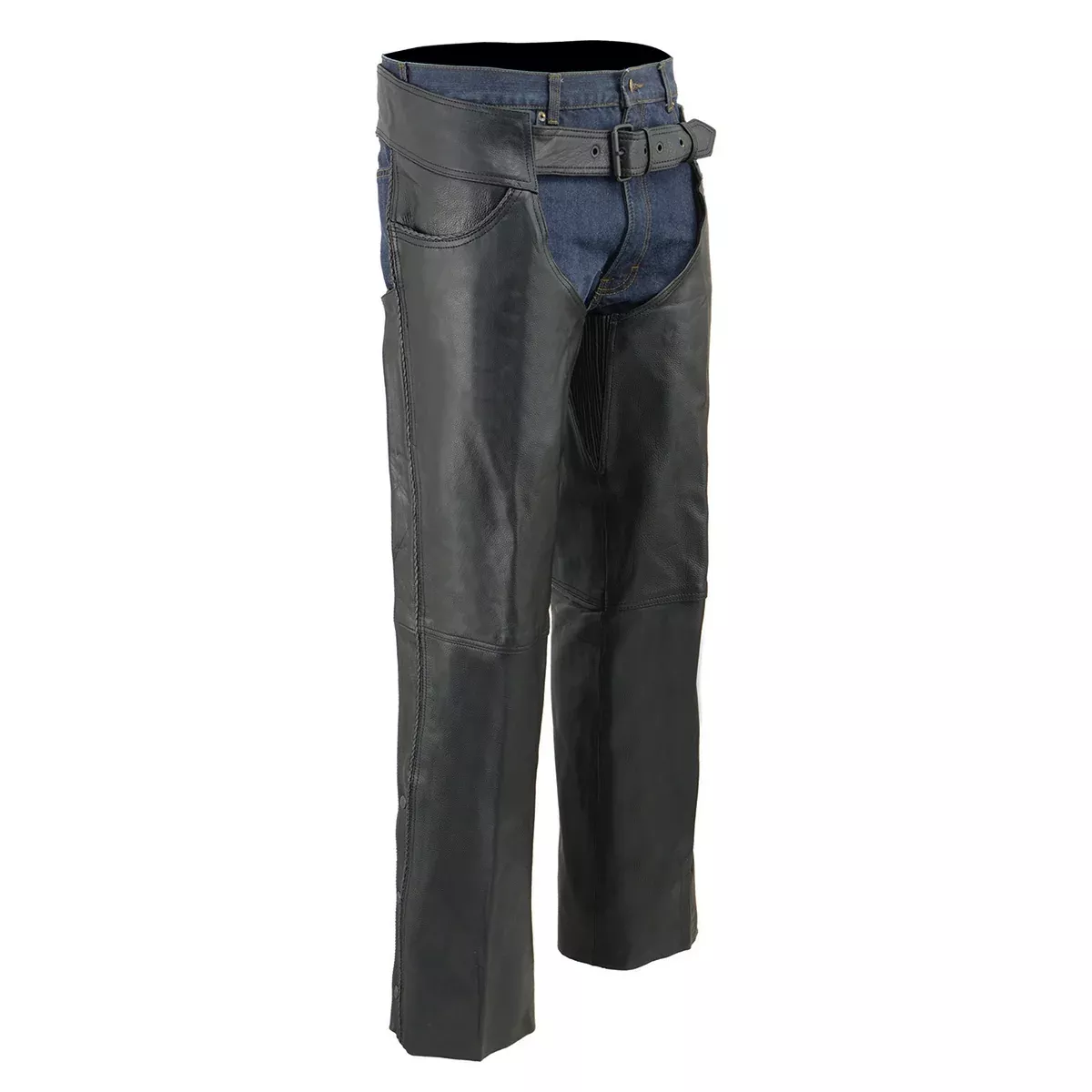 Milwaukee Leather Chaps for Men's Black Thin Braided Premium Leather Jean Style Pocket Motorcycle Chaps-ML1125