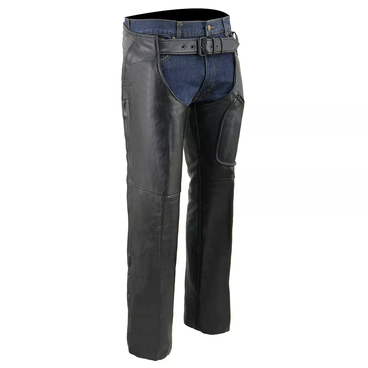 Milwaukee Leather Men's Black Premium Leather Motorcycle Rider Chaps w/ Front 3-Pockets - Thigh Patch Pocket-ML1766