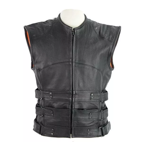 Vance Men's Black Premium Cowhide Tactical Bulletproof Style Leather Motorcycle Vest