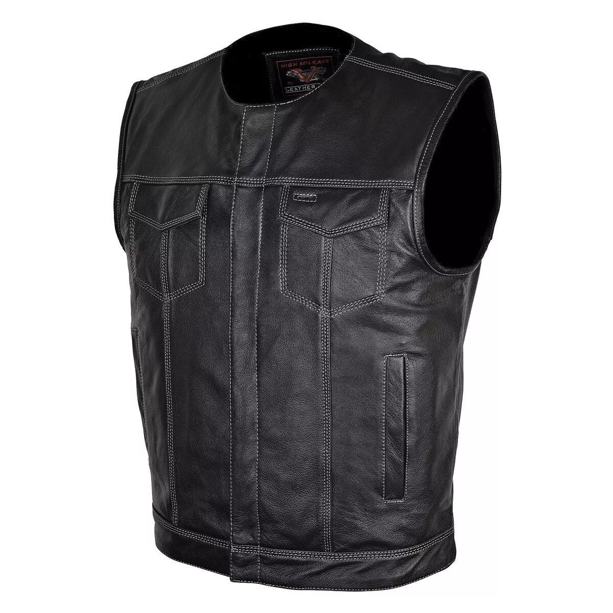 Vance Mens Black Premium Cowhide Leather Biker Motorcycle Vest With Quick Access CCW Pockets and Gray Stitching