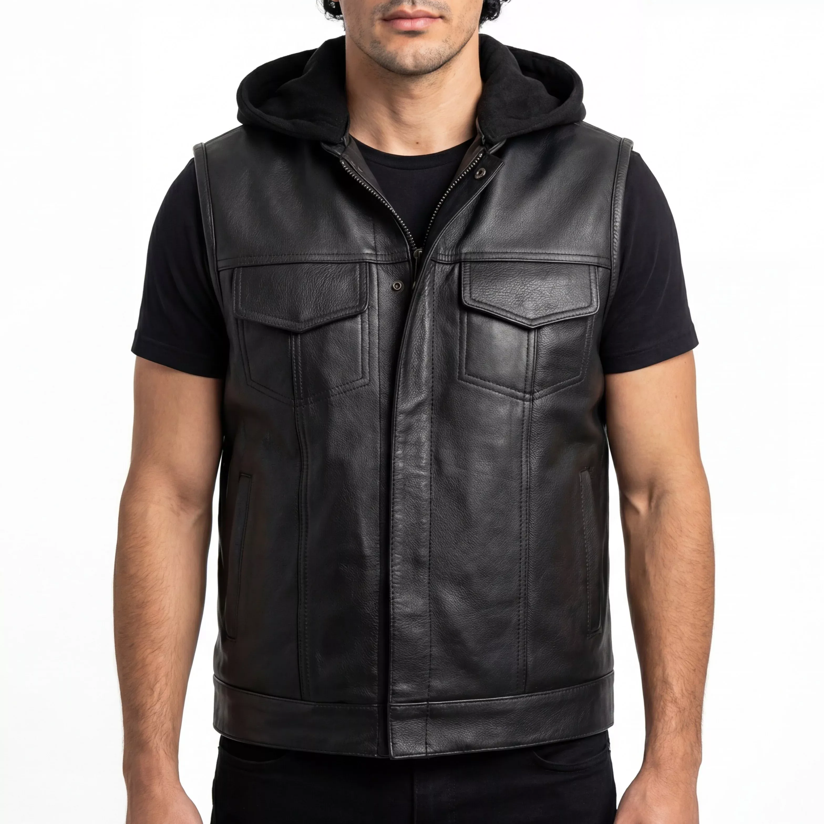 Vance Mens Black Premium Cowhide Leather Motorcycle Biker SOA Style Club Vest w/ Removable Hood
