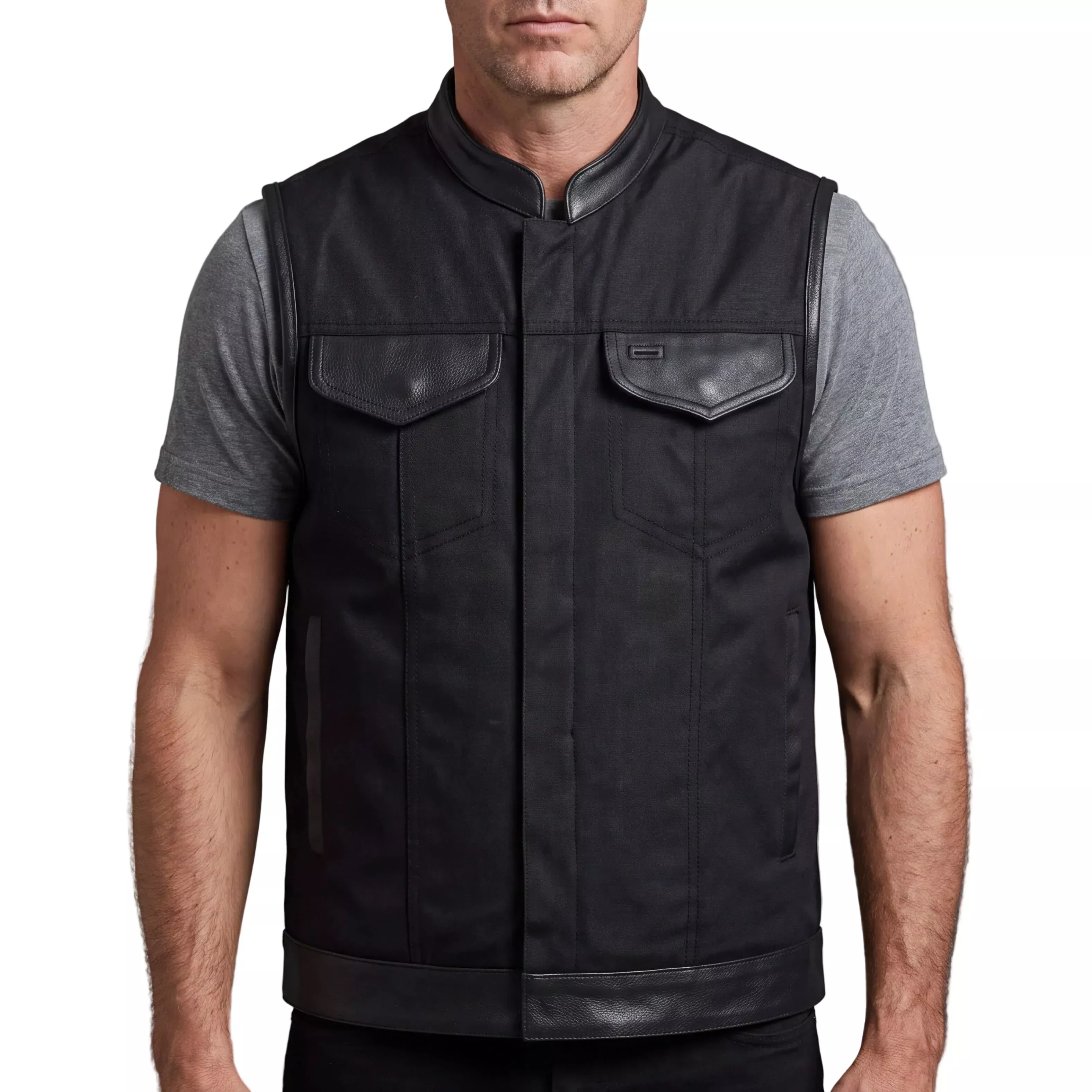 Vance Textile Mens Black SOA Club Style Leather Trimmed Textile Motorcycle Vest w/ Front Zipper and Snap Closure