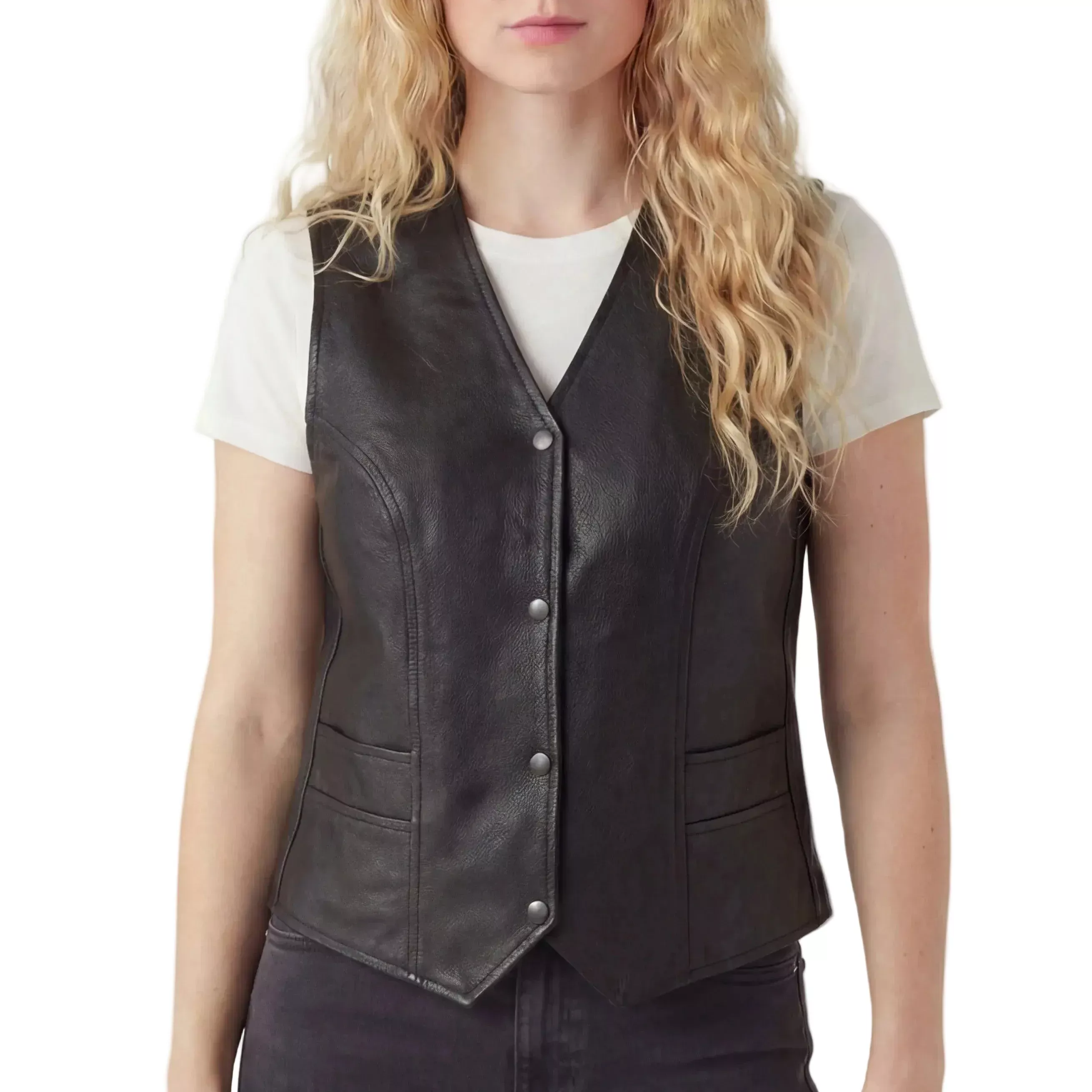 Vance Women’s Classic Black Leather Motorcycle Vest Snap Front Biker Vest with CCW Pockets