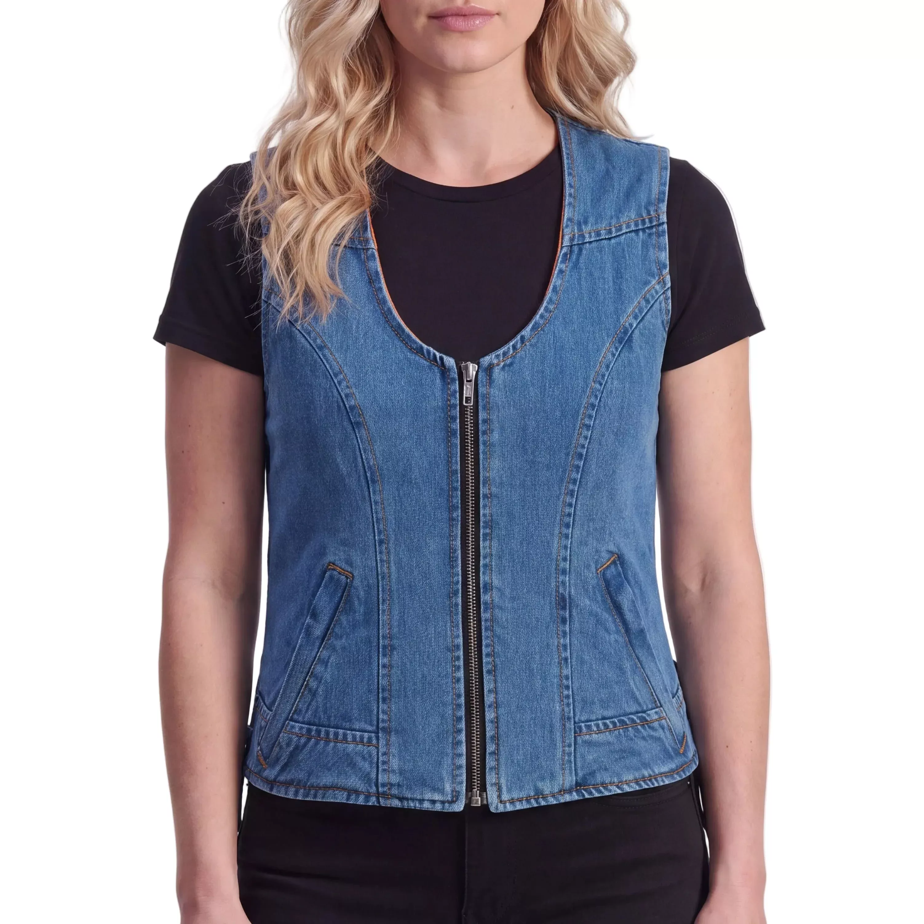 Women's Blue Denim V Neck Vest with Zipper & Side Laces
