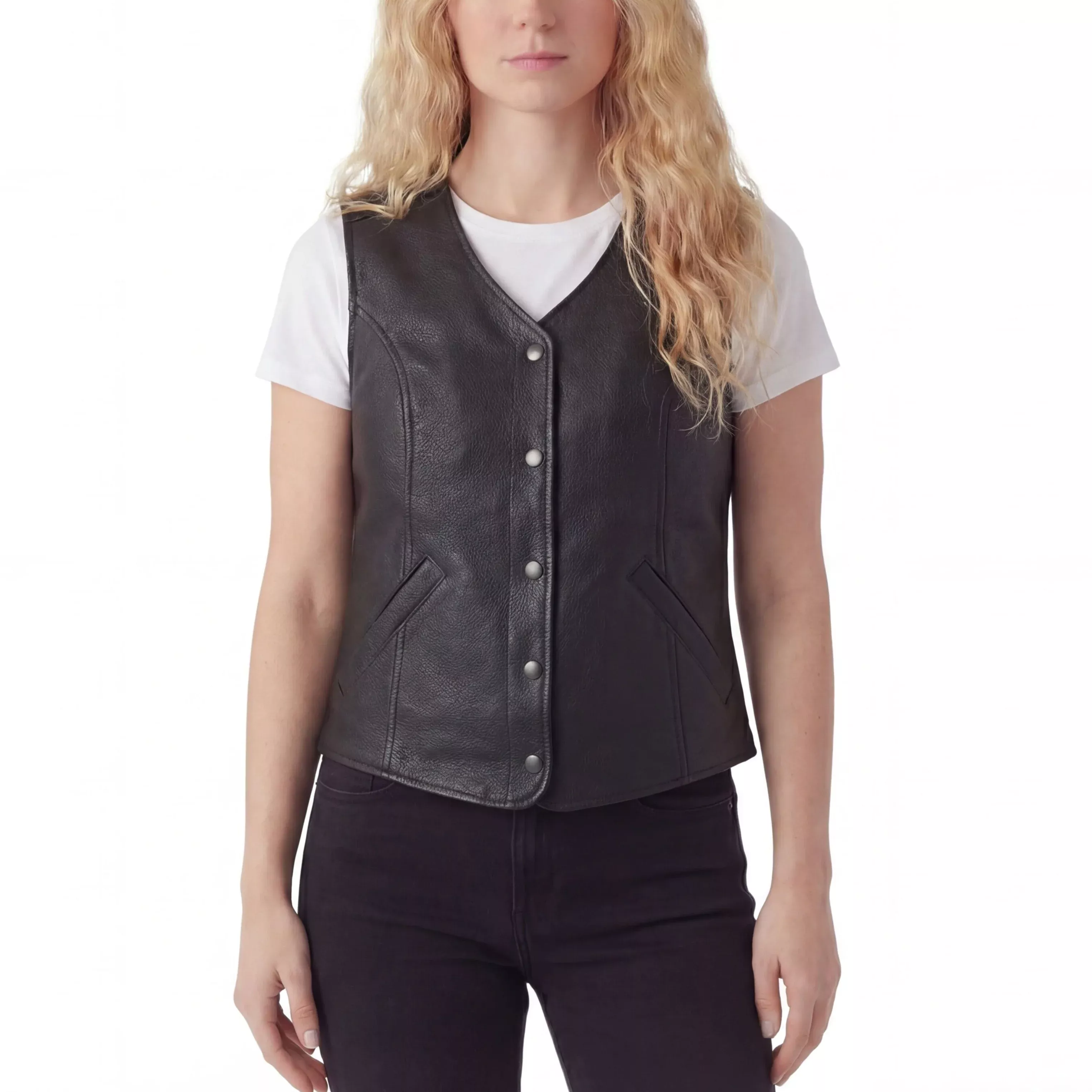 Womens Black Five Snap Lady Biker Leather Motorcycle Vest