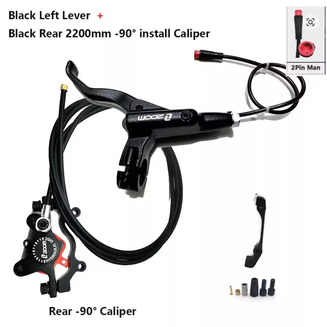 Zoom Hydraulic Brake Set | Left Brake Lever + Right Rear (-90) 2-Piston Hydraulic Brake Calliper | 2200mm Hose | 2-Pin Motor Cut-Off